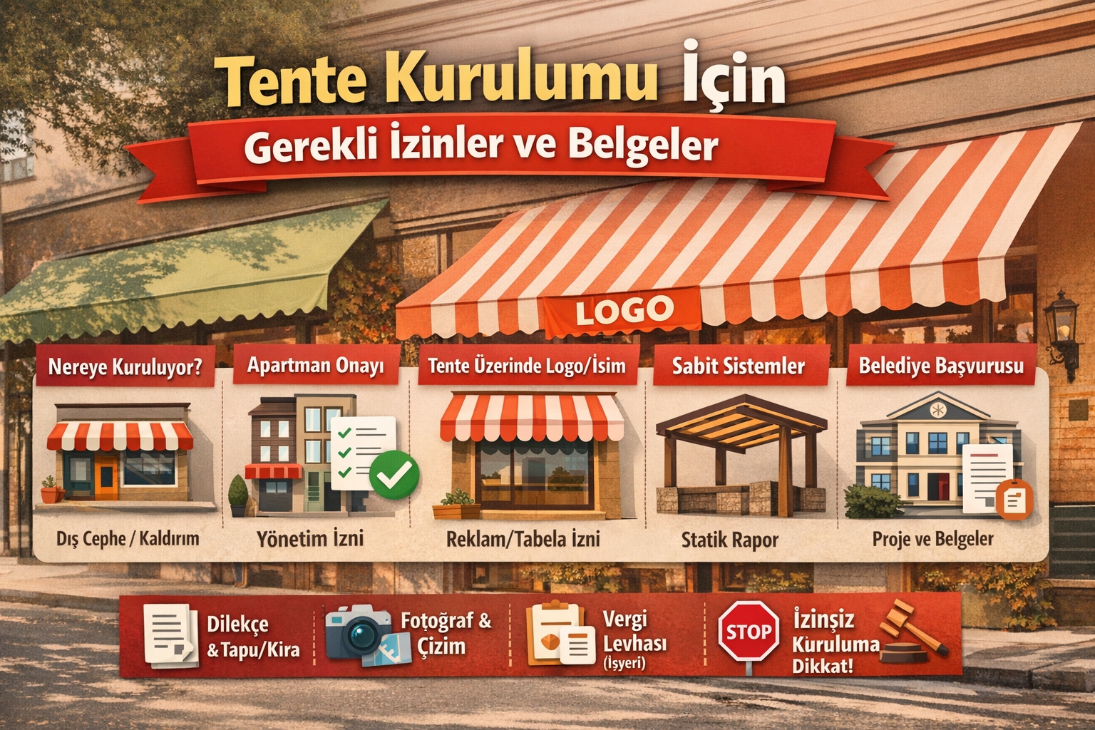 Tente kurulumu için gerekli izinler ve belgeler infografiği: apartman onayı, reklam-tabela izni, statik rapor ve belediye başvurusu