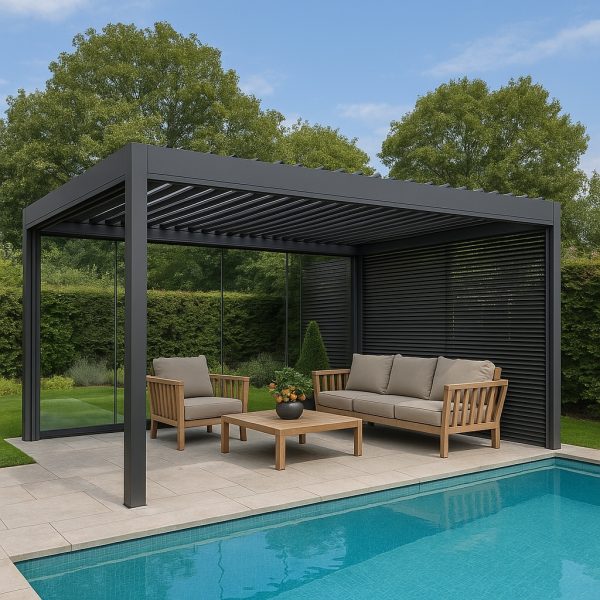 Bioklimatik pergola lamelli tavan açık konum güneş kontrolü