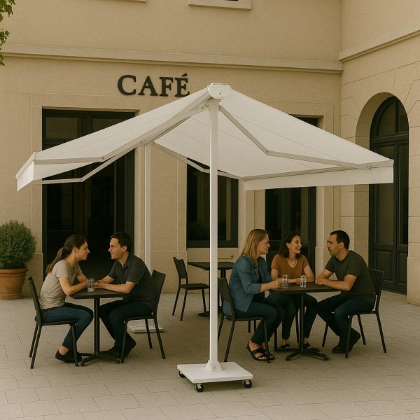 Çift açılır tente ön görünüm çift yönlü gölgelik sistemi