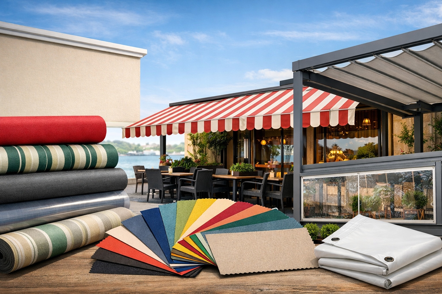 Kafe tentesi ve farklı renklerde tente kumaşı örnekleri, pergola ve şeffaf PVC kapama ile yatay görsel
