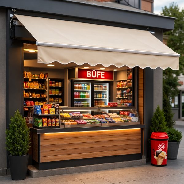 Büfe önü için krem renkli açılır tente modeli