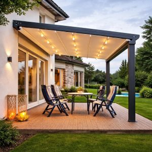 Villa önünde motorlu ışıklı otomatik pergola tente uygulaması